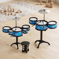 Kids' 5-Piece Drum Set with Stool and Guitar, Educational Jazz Drum Kit Toy for Toddlers
