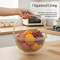 Kitchen Storage Basket with Wooden Handle for Fruits and Eggs, Metal Wire Frame with Rolled Edge Design, Hanging for Cupboards