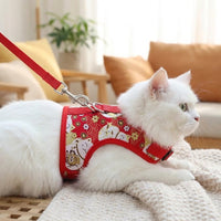 Cat Vest Harness and Leash Set, Polyester Walking Gear with Non-Retractable Harness Leash, Outdoor Chinese New Year Cat Supplies for M L Sizes