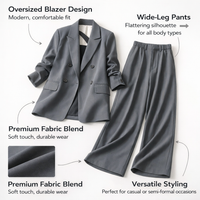 Women's Trouser Suits for Work Wear with Long Sleeve Jacket and Wide Leg Trousers, Ladies Leisure Sets in Polyester Material