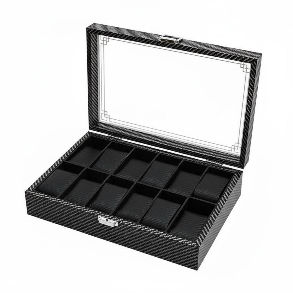 Carbon Fiber Watch Box Clear View Lid Watch Collection Organizer Men's Jewelry Organizer Secure Metal Clasp