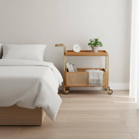 Movable Rattan Trolley Table Easy to Move Rattan Side Table Storage Rack Vintage Bedside Shelf Space-Saving for Living Room