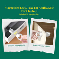 Attractive toddler childproof locks, discreet toddler protection cabinet fasteners, no-drill sticky backing for drawers, cupboards, kitchen, and home.