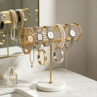 Gold Metal Jewelry Display Stand with Marble Base for Bracelets, Necklaces, Earrings