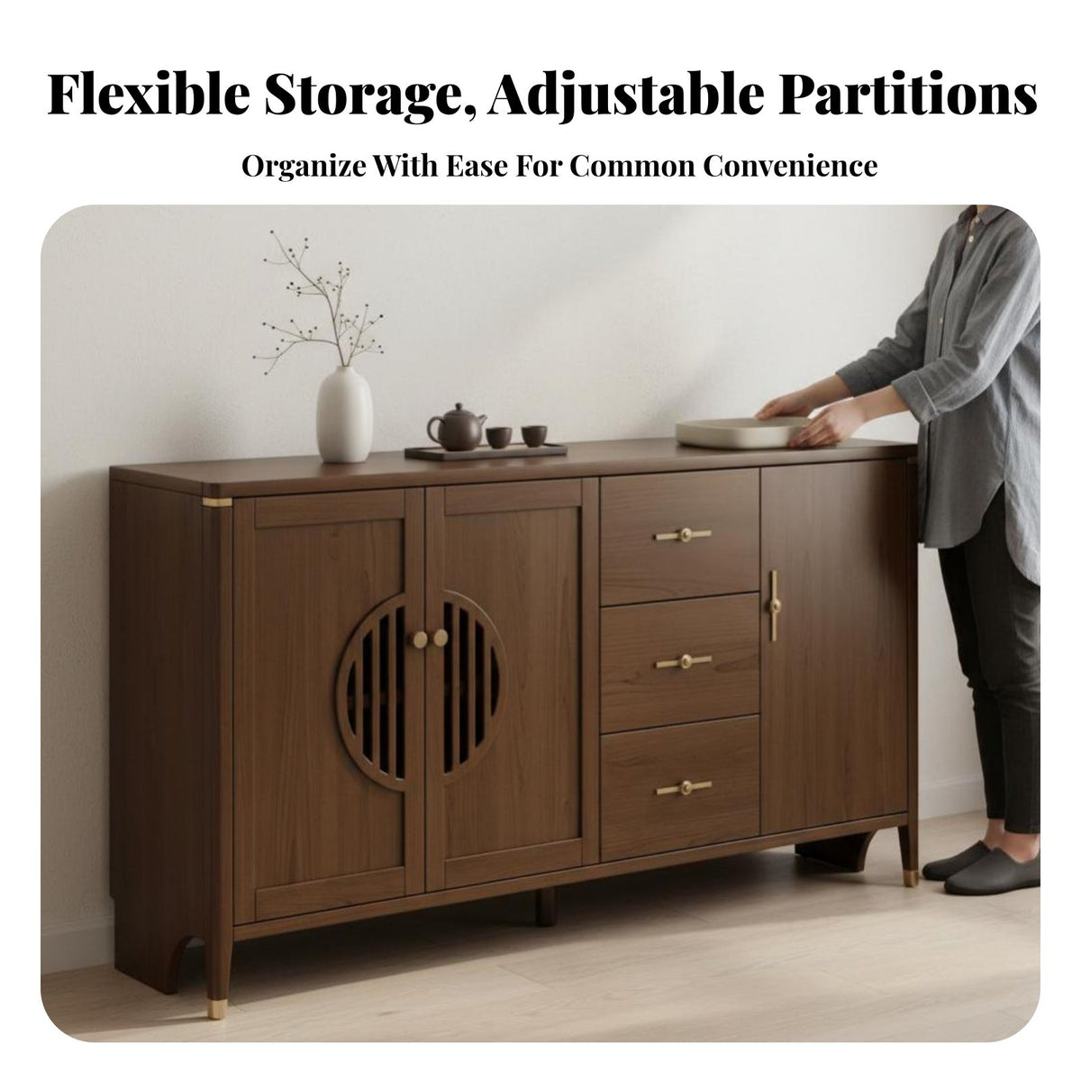New Chinese design Accent Cabinet with Glass Doors Large Storage Capacity Sideboard Multi-Functional Household Furniture Minimalist Design for Homeowners, Adults, Dining Room, Kitchen, Entryway, Home Office