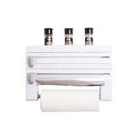 Wall-Mounted Plastic Kitchen Storage Rack with Plastic Wrap Dispenser and Cutter