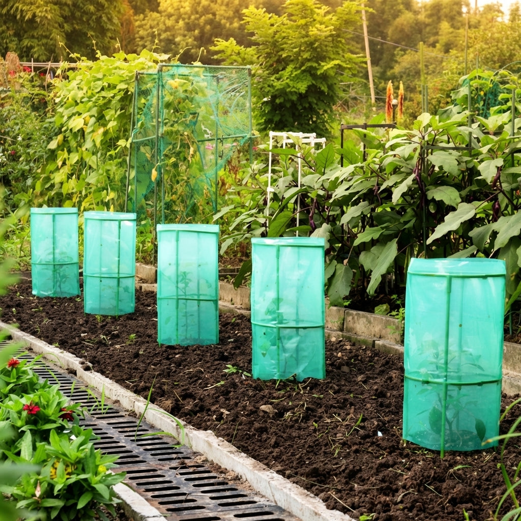 Windbreak Garden Cloche for Plant Protection, PE Film Cylindrical Cage Plant Protectors from Animals and Dogs, Fiberglass Pole, Cover Reusable