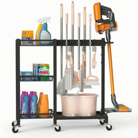 AllComplete Cleaning Tool Storage Rack Freestanding Broom Holder with Cleaning Supplies Organizer Wheeled Mop and Broom Holder Upright for Homeowners, Janitors, Utility Room, Garage, Closet