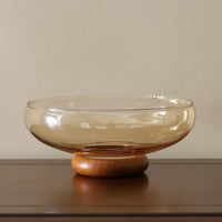 Glass Fruit Bowl with Wooden Pedestal Minimalist Glass Fruit Bowl Clear Countertop Organizer for Kitchen Counter, Dining Table