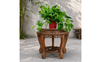 Antique Look Carved Wooden Tray Stand Heavy Duty Round Wood Stand Wooden Display Riser for Living Room, Garden
