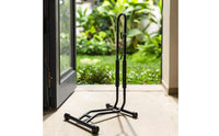 Metal Bike Floor Stand Space-Saving Two-Wheeler Floor Stand Heavy-Duty Two-Wheeler Parking Rack with Hook Easy to Use for Cyclists, Commuters, Garage