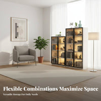 LED Display Cabinet Solid Wood Frame Glass Door Bookcase Large Capacity Lighted Display Cabinet for Decor Enthusiasts, Living Room, Study, Home Office