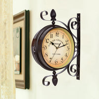 European Iron Art Double-Sided Wall Clock Hanging Clock Creative Pastoral Wall Clock Modern Living Room Bedroom Silent Large