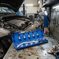 12-Point Belt Adjustment Wrench E-Style Engine Belt Tool Kit Long-Reach Wrench with Interchangeable Heads Curved for Mechanics, DIYers, Garage, Workshop