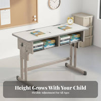 2 Pieces Adjustable Height Kids Study Table Set Children's Desk and Chair Ergonomic Workstation Two Person Design Suitable for Siblings Study Homework Creative Projects