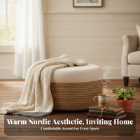 Antique design and aesthetic Round Woven Top Stool sturdy Wood Frame Low Backless Seat Multi-Functional Small Bench adaptable for Adults, Families, households, Living Room, Entryway, Bedroom, Balcony