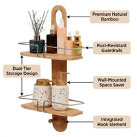 Bamboo Hanging Rack Storage, Bamboo Shower Shelf Organizer, Wall Mounted Shelf, Modern Minimalist Bamboo Organizer, Double Tier Shelf