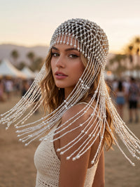 Mesh Pearl Hair Chain with Tassel for Party, Bride, and Hat Decoration