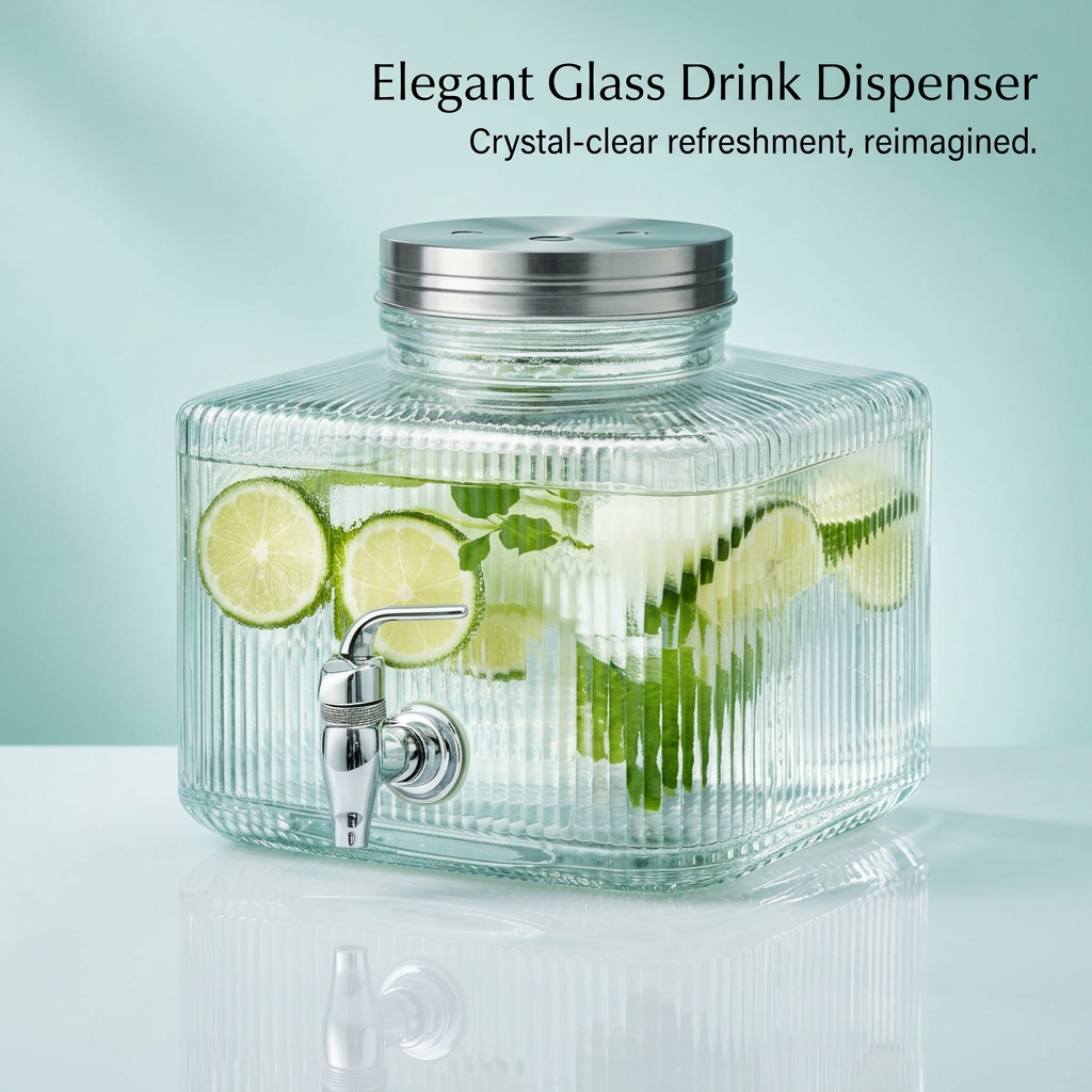 Glass Drink Dispenser with Spigot, 8L Beverage Dispenser with Bamboo Wood Base, Cold Drink Dispenser for Home, Party Bar, Fruit Tea Dispenser