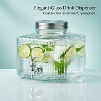 Glass Drink Dispenser with Spigot, 8L Beverage Dispenser with Bamboo Wood Base, Cold Drink Dispenser for Home, Party Bar, Fruit Tea Dispenser
