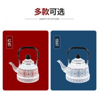 Enamel Whistling Kettle with Black Handle, Vintage Clock Pattern, for Tea or Boiling Water