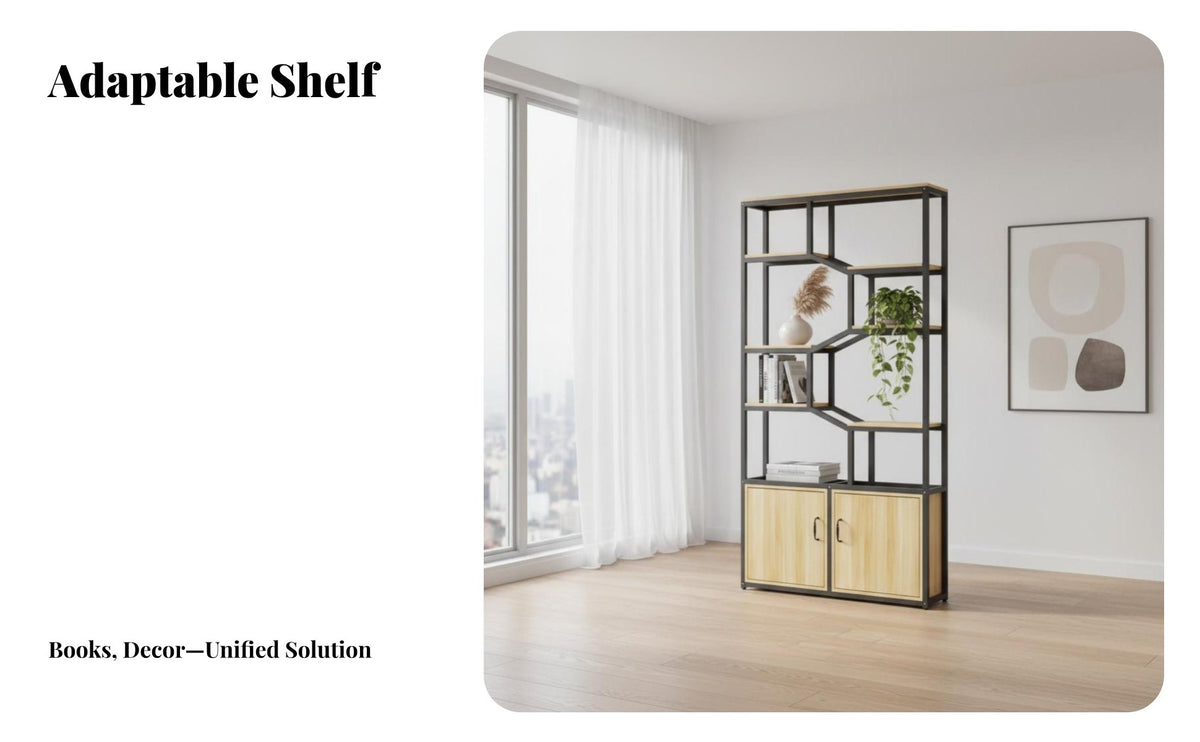 Multi-Functional Geometric Etagere with Cabinet Multifunctional Use Display Rack Large Capacity Storage Furniture Space-Saving for Book Lovers, Apartment Dwellers, Homeowners, Entryway, Restaurant, Hallway, Bedroom