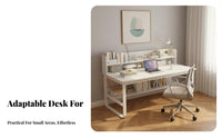 Home Office Workstation Multi-Functional Study Table with Storage Shelves Wide Desktop Writing Desk with Bookshelf for Bedroom, Small Space, Dorm Room