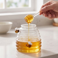 Wide Mouth Honey Jar with Dipper Ribbed Honey Jar with Lid Clear Glassware Transparent for Tea Station, Breakfast Table