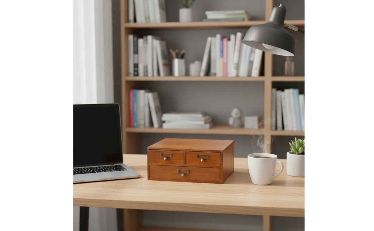 Hardwood Wood Desktop Organizer Space-Saving 3-Drawer Storage Box 3-Drawer Wooden Organizer Retro Design Vintage Desktop Storage