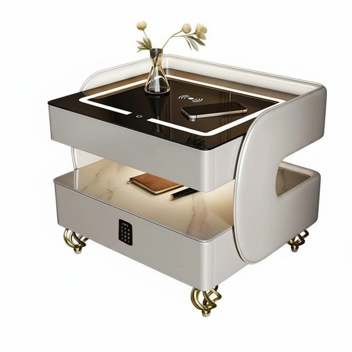 Smart Nightstand with Casters Cordless Charging Bedside Table Minimalist Furniture Glass Top Adjustable Glow Panel and Secure Storage Suitable for Digital Technology Enthusiasts Students Bedroom