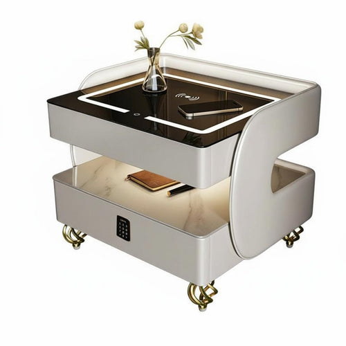 Smart Nightstand with Casters Cordless Charging Bedside Table Minimalist Furniture Glass Top Adjustable Glow Panel and Secure Storage Suitable for Digital Technology Enthusiasts Students Bedroom
