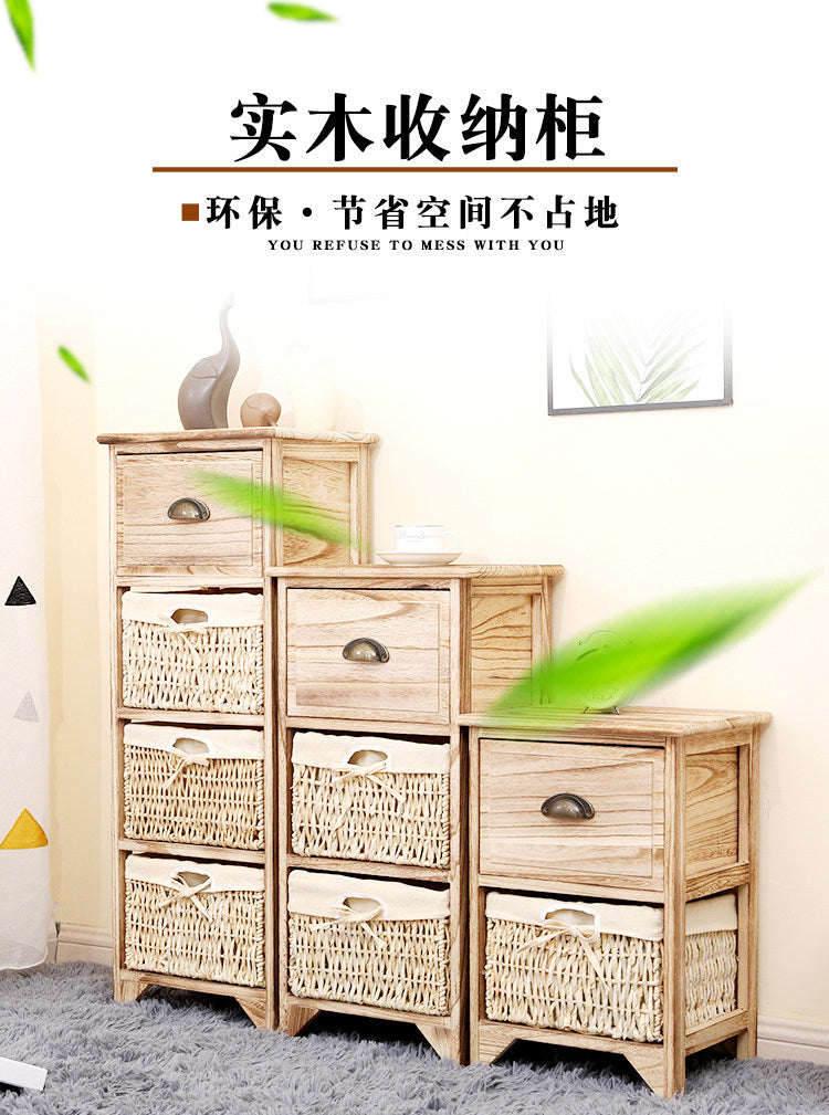 实木简易床头柜复古斗柜藤编ins风 卧室宿舍床边柜小户型收纳窄柜