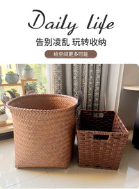 轻奢美式仿藤编家用脏衣服收纳筐零食玩具桶网红款编织篮子脏衣篓 圆形浅棕特大号