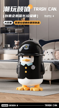 Penguin Sheriff Cartoon Flip-Top Trash Can with Wheels, 10L, PP, Black