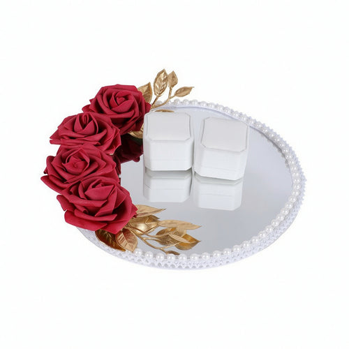 Mirrored Display Tray with Beaded Rim Decorative for Couples