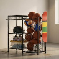 Wire Frame Sports Ball Rack Black Metal Tiered Ball Rack Elastic Straps Foldable for Indoor Use