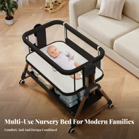 Multi-Functional Adjustable Bedside Sleeper Portable Design Wheeled Co-Sleeper Rocking Mode Baby Furniture Wheels with Locks for Newborns, Infants, New Parents, Travel, Bedroom, Living Room, Home