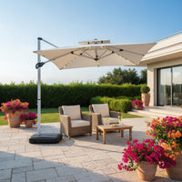Protection Cantilever Umbrella with Lights Adjustable Tilt Solar Lighted Outdoor Umbrella Waterproof Heavy Duty Garden Sunshade 360° Rotation for Restaurant Owners, Market Stall, Backyard, Poolside, Deck