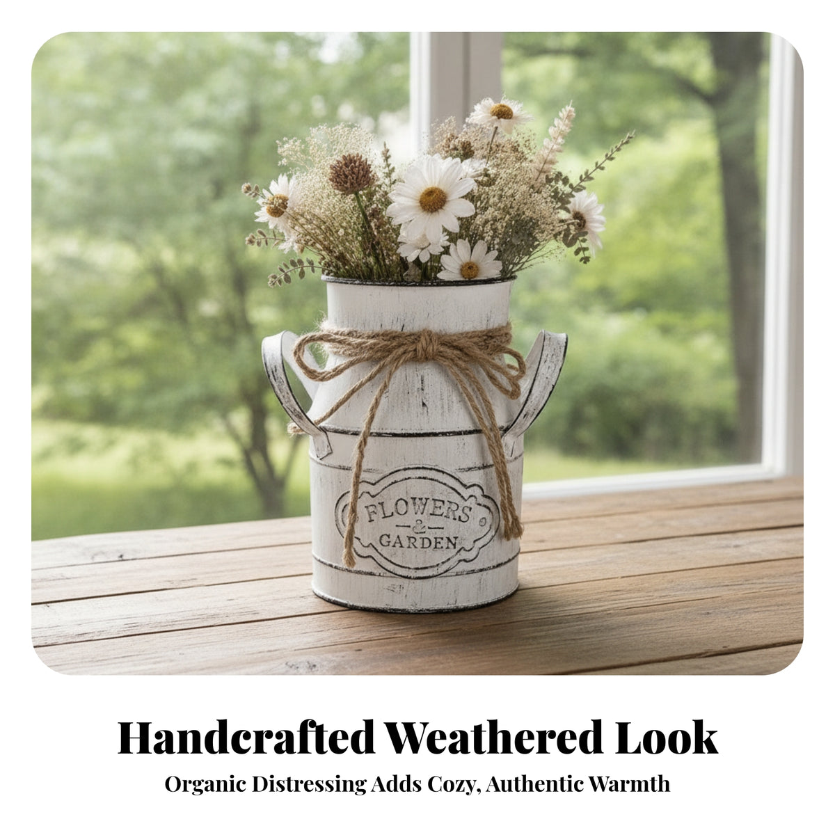 Farmhouse Milk Can Vase with Rope | Embossed Flowers Garden Plaque, Distressed Vintage Finish, Metal Vase with Handles, for Home Decor