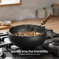 Traditional Chinese Wok with Lid Hand-Handcrafted Chinese Wok with Wooden Lid Naturally Non-Stick Even Heat Distribution