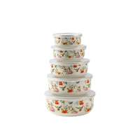 5 Pieces Enamel Bowls with Lids Floral Bowl Set Dishwasher Safe for Refrigerator