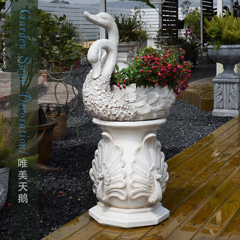 Garden Swan Flower Pot with Roman Column Decorative Ornament