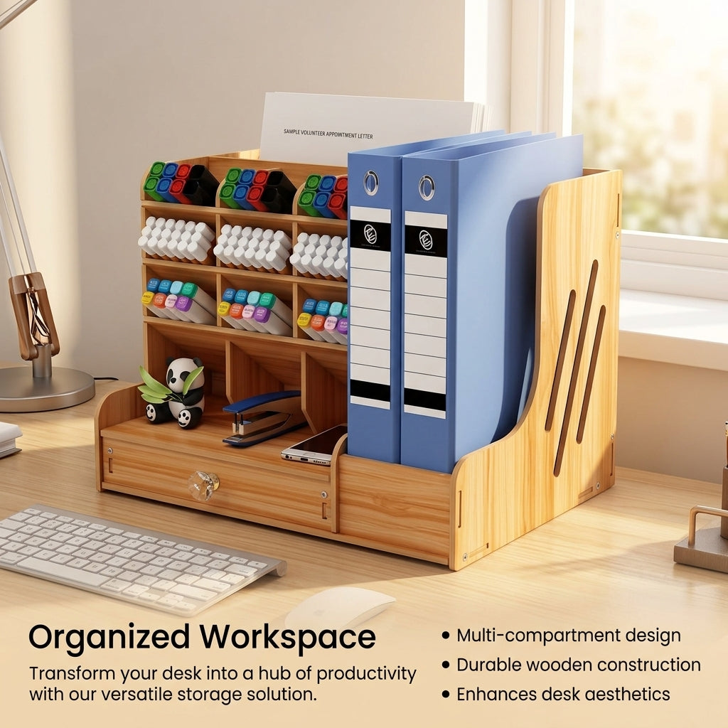 Desktop Organiser with Pen Holder, 4 Tier File Rack for Office Desk, Stackable Wood Organizer Black, Workspace Organization