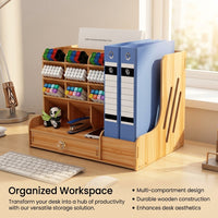 Desktop Organiser with Pen Holder, 4 Tier File Rack for Office Desk, Stackable Wood Organizer Black, Workspace Organization