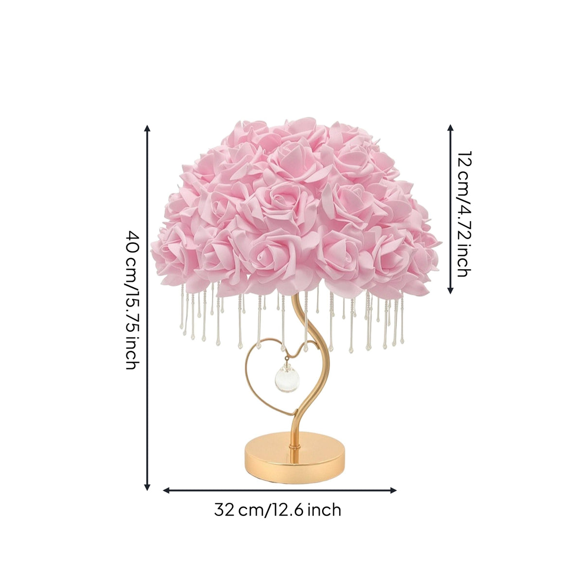 Rose Lamp with Crystal Strands Romantic Heart Lamp with Crystal Pendant Warm Glow Floral for Girls, Bedroom, Nightstand