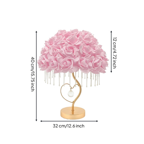 Rose Lamp with Crystal Strands Romantic Heart Lamp with Crystal Pendant Warm Glow Floral for Girls, Bedroom, Nightstand
