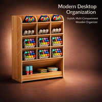 Office Organizer for Desk with Multi Compartment, Wooden Pen Holder Desktop Storage, Slanted for Stationery for Students
