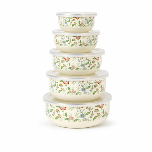 5 Pieces Enamel Food Storage Bowl Printed for Kitchen