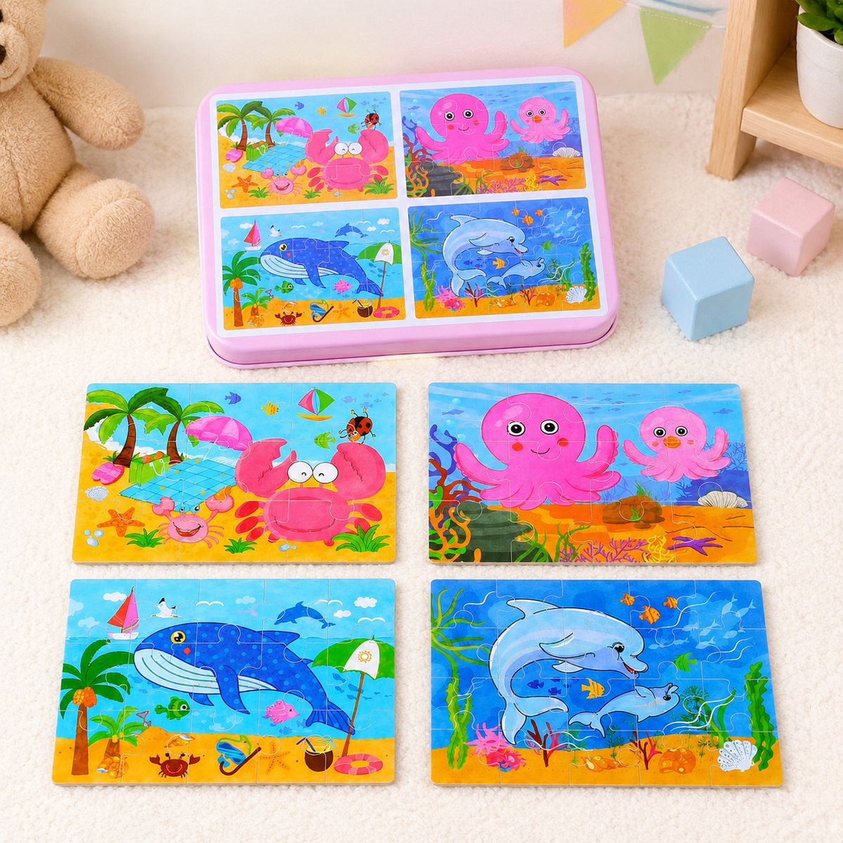 Wooden Puzzle Set for Adults, 4-in-1 Educational Puzzles, Cognitive Skill & Problem Solving, 9/12/15/20 Piece puzzle with Storage Tin