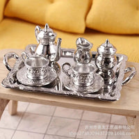 Dollhouse Miniature Alloy Afternoon Tea Set for Kitchen Micro Scene Photography Prop